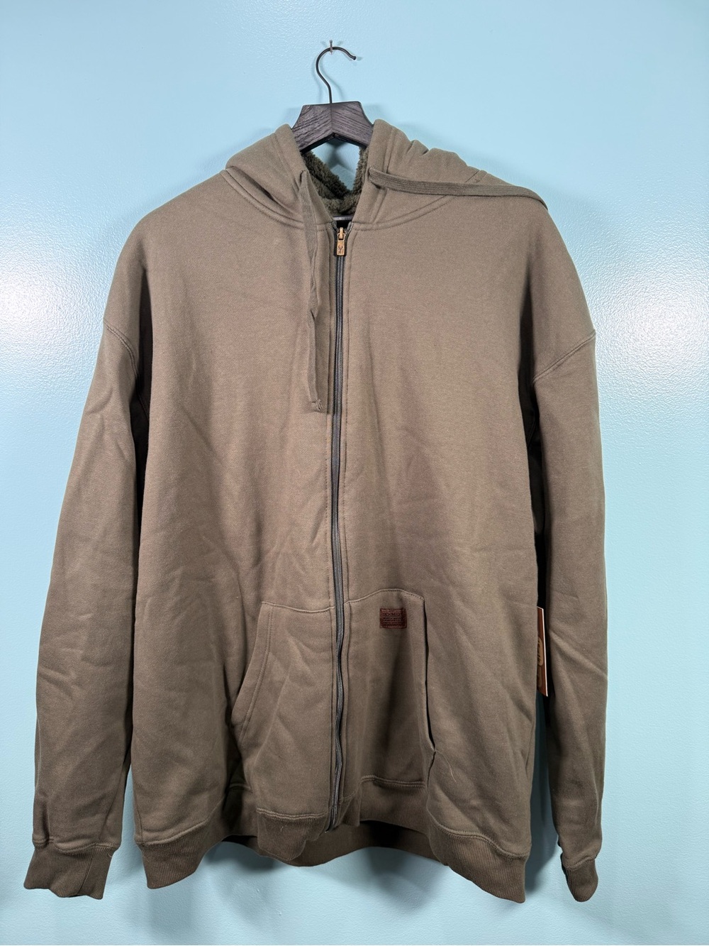 Men's Olive Full-Zip Hooded Sweater with Sherpa Lining